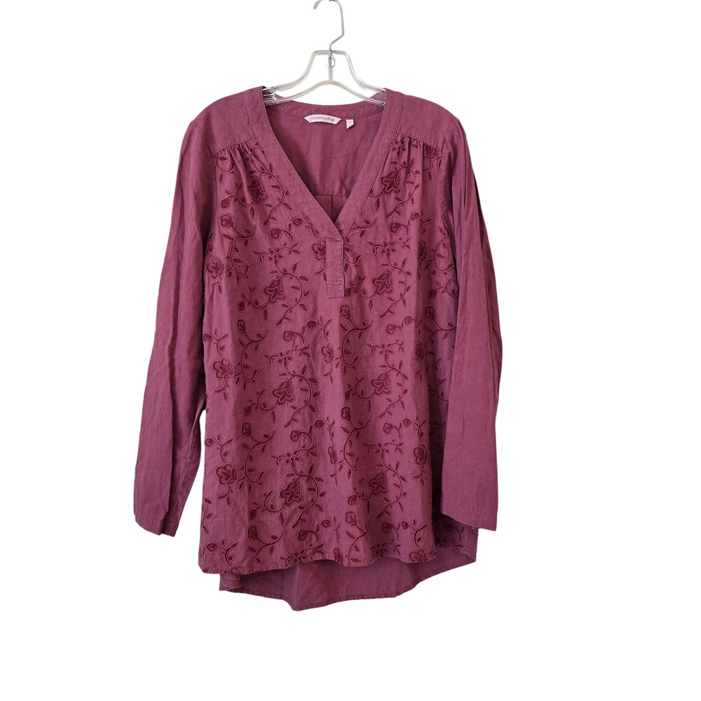 Soft Surroundings Berry Wine Floral Embroidered‎ V-Neck Tunic Top Womens Large